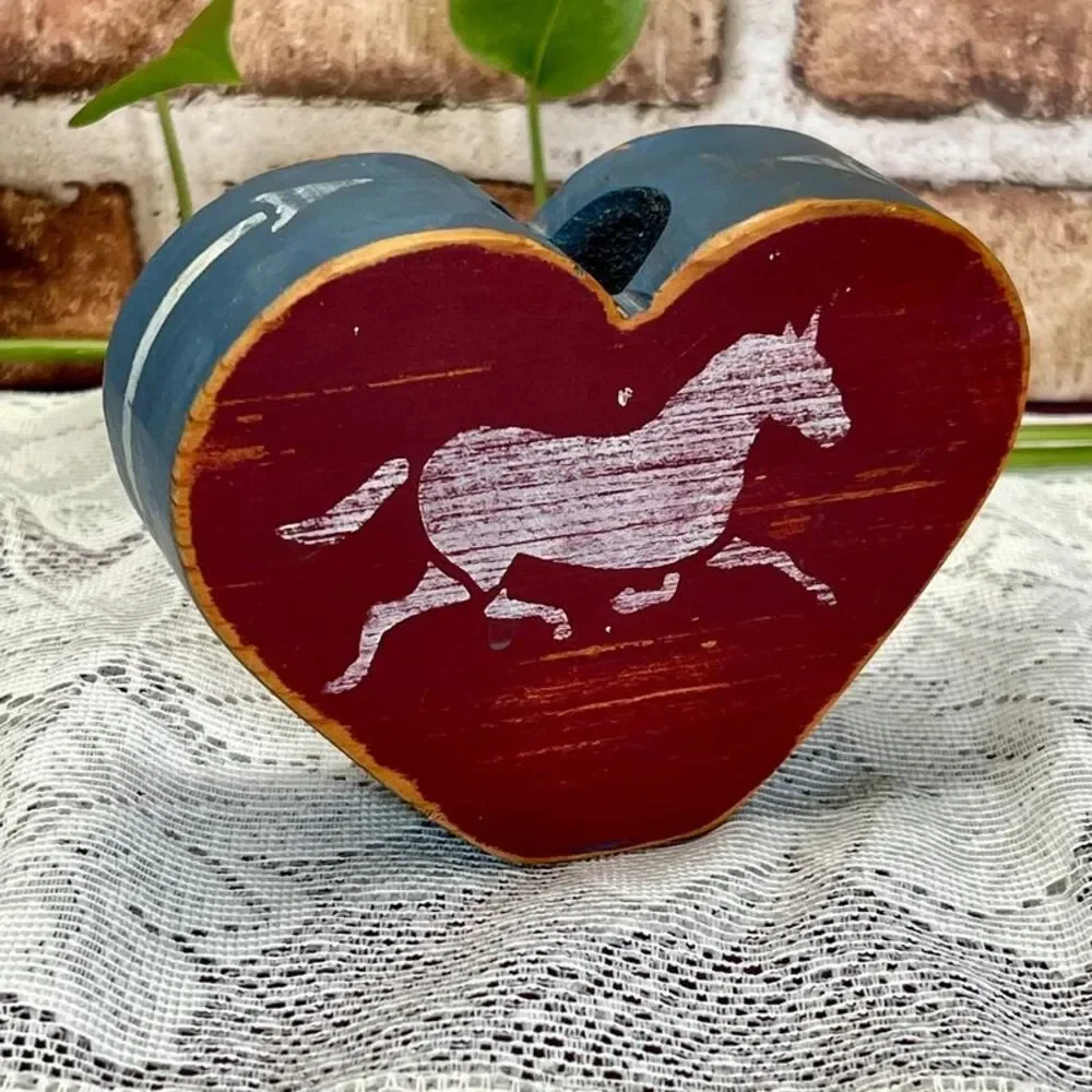 VTG Hand Painted Wood Heart Horse Small Candle Holder Cottage Farmhouse